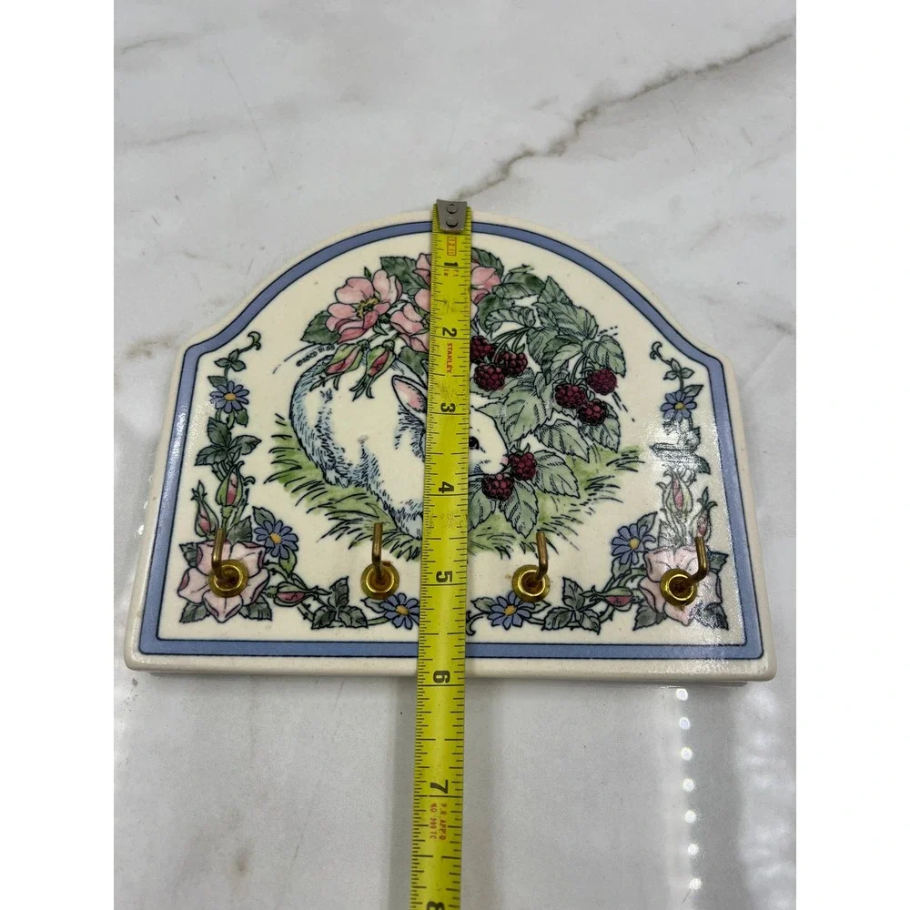Vintage Ceramic Rabbit Key Rack Wall Hanging Blackberry Floral Bunny Plaque